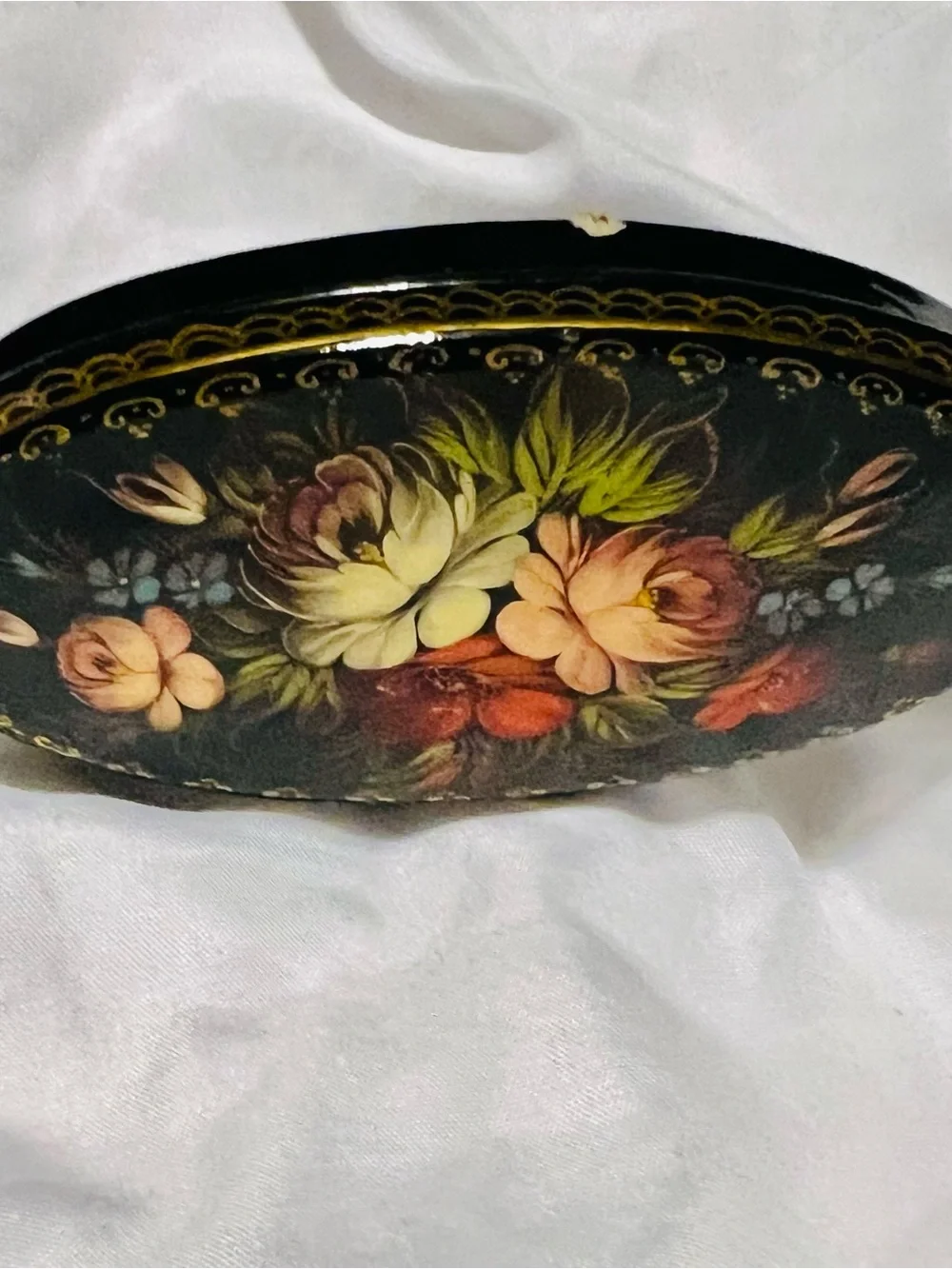Hand-Painted Russian Floral Oval Trinket Box - Black with Multicolor Flowers